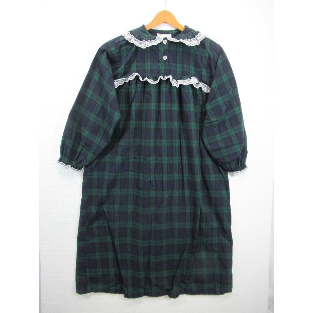 Vermont Country Store Flannel Nightgown Women Petite PL Plaid Cotton Blue/Green